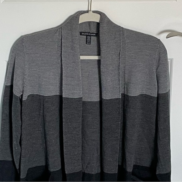 Eileen Fisher Merino Texture cardigan Sweater gray black colorblock 35376 - Picture 3 of 13